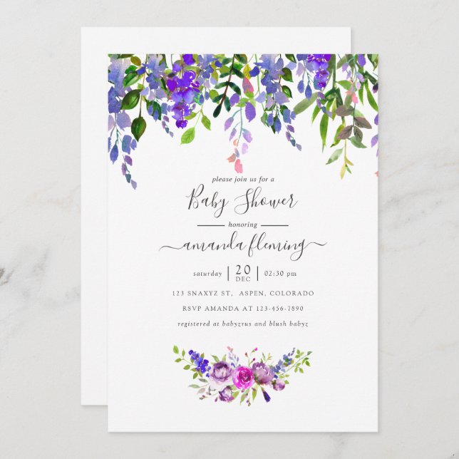 Watercolor Violet Floral Baby Shower Invitation (Front/Back)