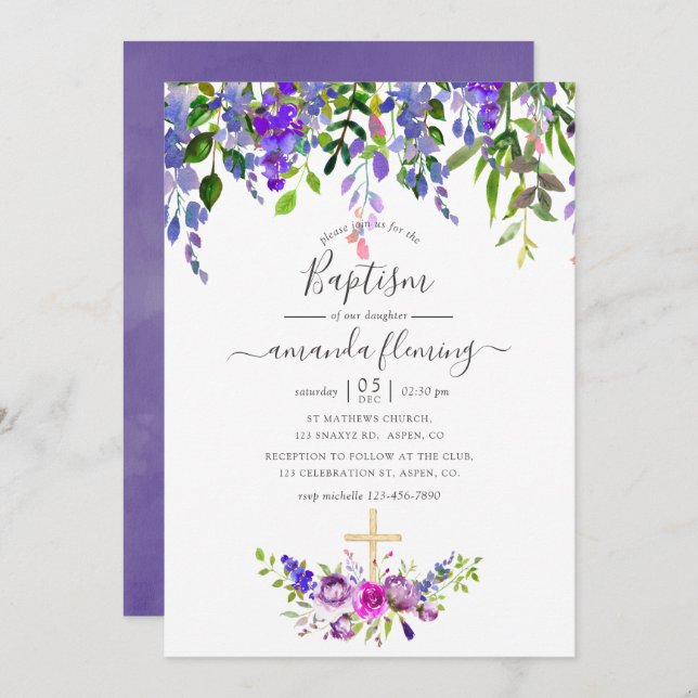 Watercolor Violet Floral Baptism Invitation (Front/Back)