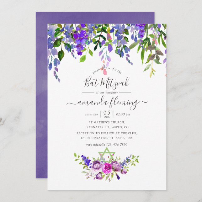 Watercolor Violet Floral Bat Mitzvah Invitation (Front/Back)