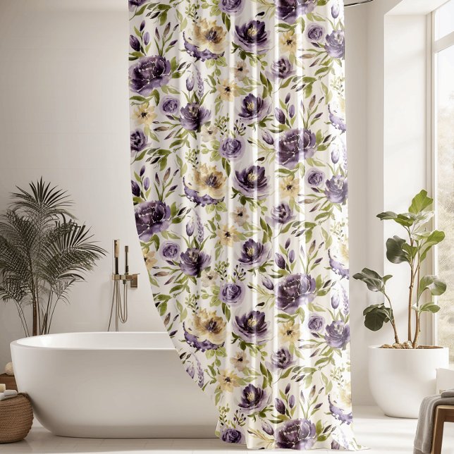 Watercolor Violet Floral Pattern Shower Curtain (Creator Uploaded)