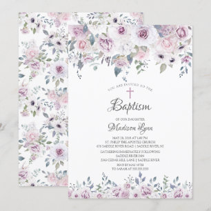 Watercolor Violet Flowers Baptism Invitation