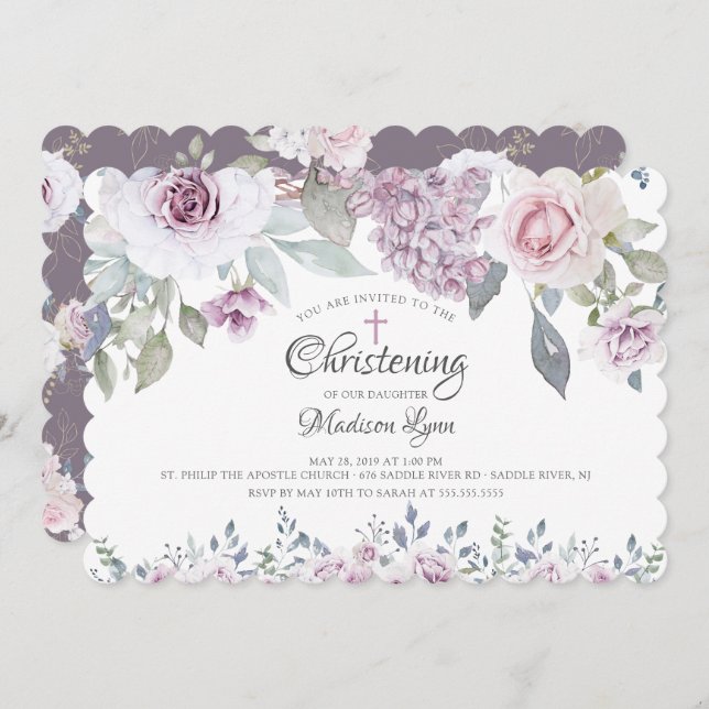 Watercolor Violet Flowers Christening Invitation (Front/Back)