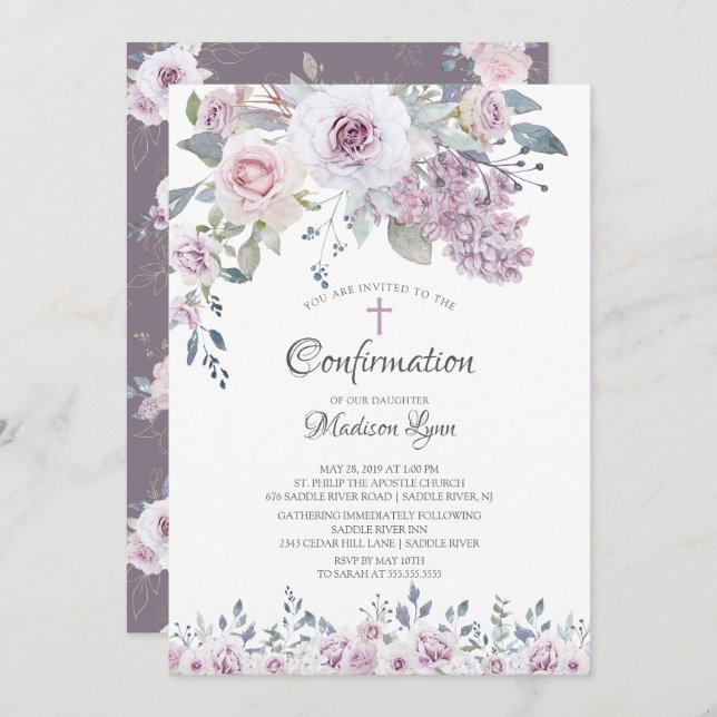 Watercolor Violet Flowers Confirmation Invitation (Front/Back)