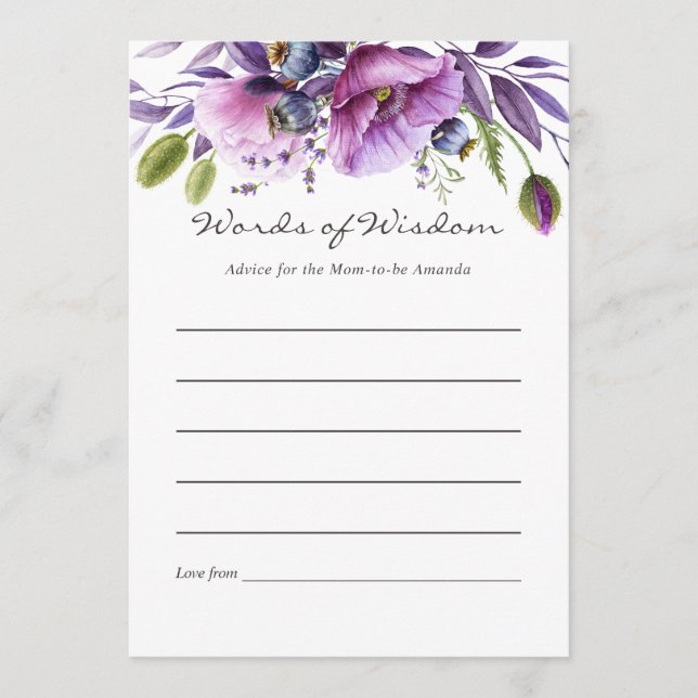 Watercolor Violet Poppy Floral Baby Shower Advice Card (Front)
