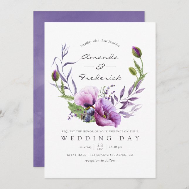 Watercolor Violet Poppy Floral Wedding Invitation (Front/Back)