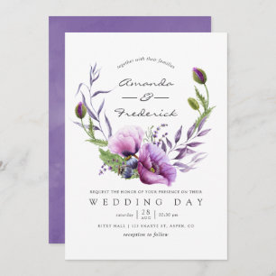 Watercolor Violet Poppy Floral Wedding Invitation