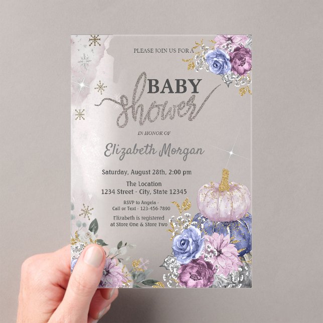 Watercolor Violet Pumpkins Flowers Baby Shower Acrylic Invitations (Insitu (Handheld))