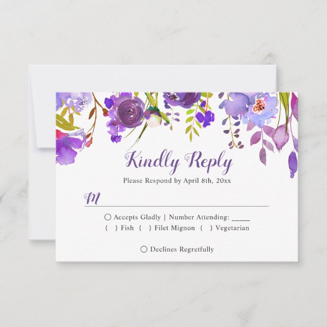 Watercolor Violet Purple Floral Wedding RSVP Reply (Front)