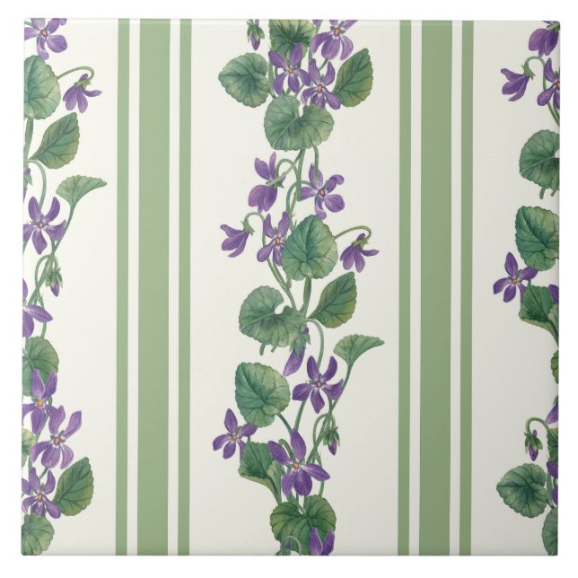 Watercolor violets and stripes ceramic tile (Front)