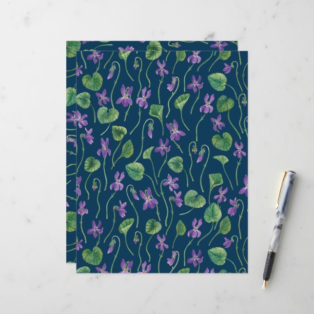 Watercolor violets on blue (Front/Back In Situ)