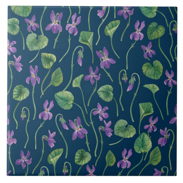Watercolor violets on blue ceramic tile (Front)