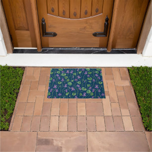Watercolor violets on blue doormat