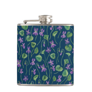 Watercolor violets on blue hip flask