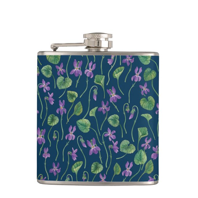 Watercolor violets on blue hip flask (Front)