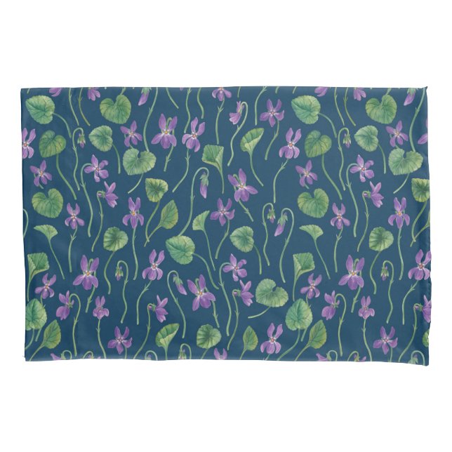 Watercolor violets on blue pillowcase (Front-Left)