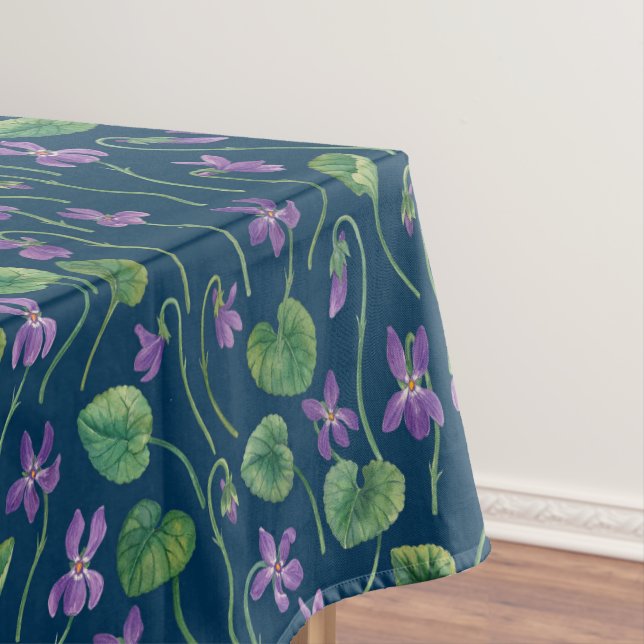Watercolor violets on blue tablecloth (In Situ)