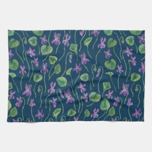 Watercolor violets on blue tea towel