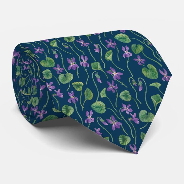 Watercolor violets on blue tie (Rolled)