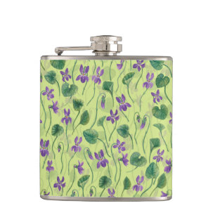 Watercolor violets on honey dew hip flask