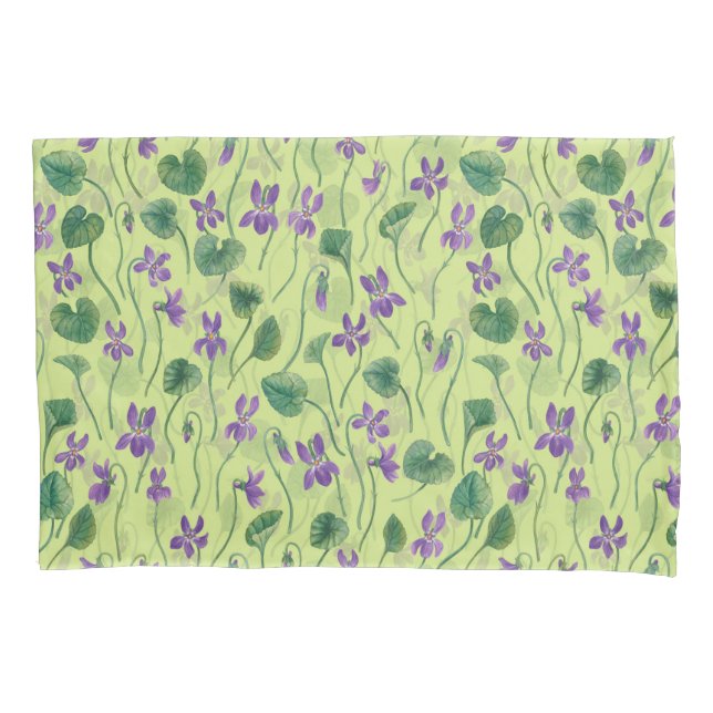 Watercolor violets on honey dew pillowcase (Front-Left)
