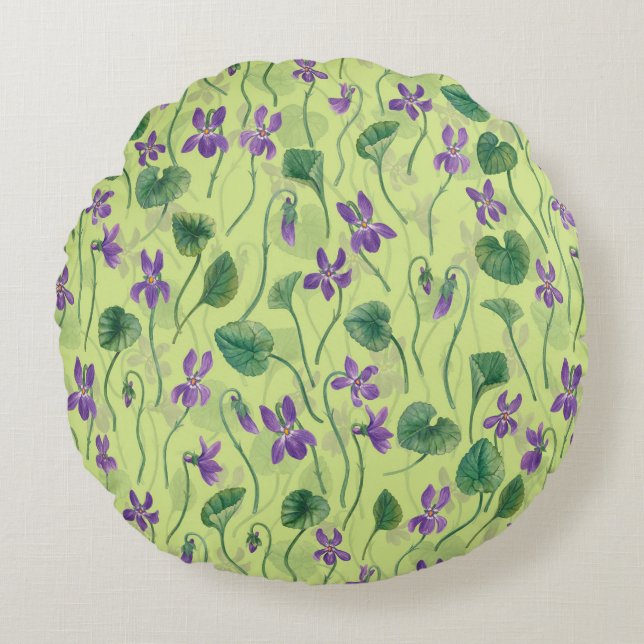 Watercolor violets on honey dew round cushion (Front)