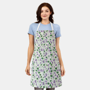 Watercolor violets on off white apron