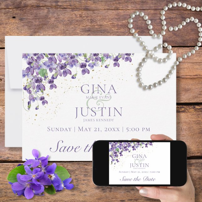 Watercolor Violets Wedding Save the Date Card (Creator Uploaded)