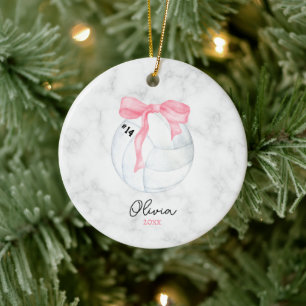 Watercolor Volleyball and Preppy Pink Coquette Bow Ceramic Ornament