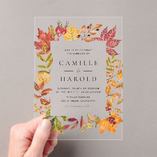 Watercolor Warm Autumn Leaves Frame Wedding Acrylic Invitations