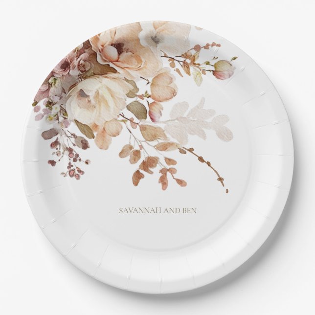 Watercolor Warm Floral Bridal Shower Wedding Paper Plate (Front)