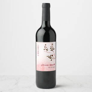 Watercolor wash and branch Japandi CHEERS wedding Wine Label