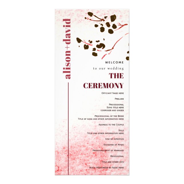 Watercolor wash and branch Japandi wedding program Rack Card (Front)