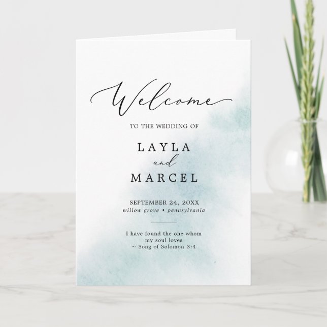 Watercolor Wash | Blue Folded Wedding Program (Front)