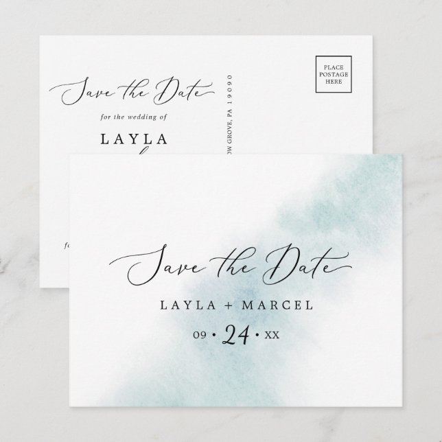 Watercolor Wash | Blue Save the Date Postcard (Front/Back)