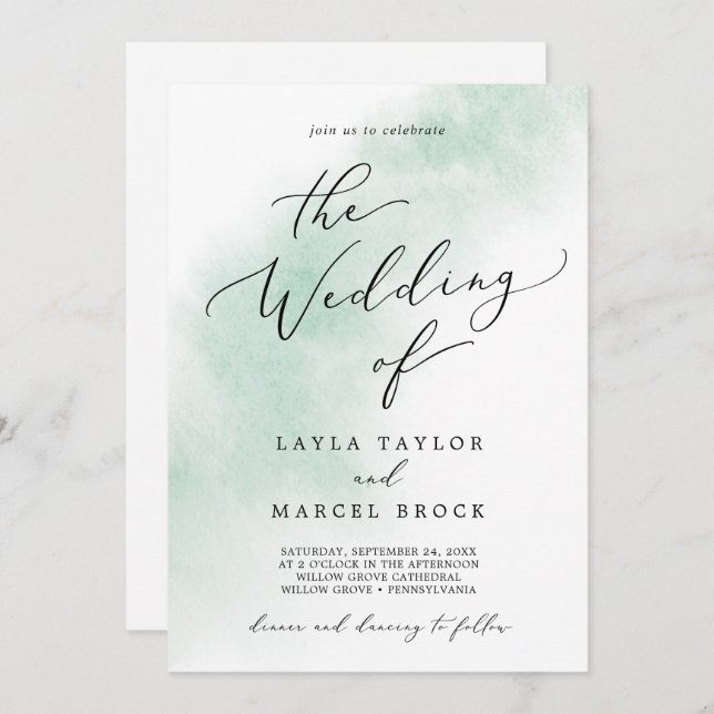 Watercolor Wash | Green All In One Wedding Invitation (Front/Back)