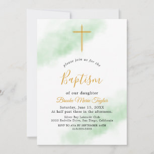 Watercolor Wash Green and Gold Baptism Invitation