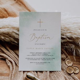 Watercolor Wash   Green and Gold Baptism Invitation