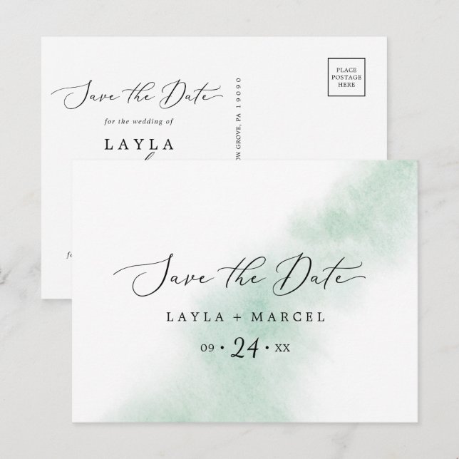 Watercolor Wash | Green Save the Date Postcard (Front/Back)