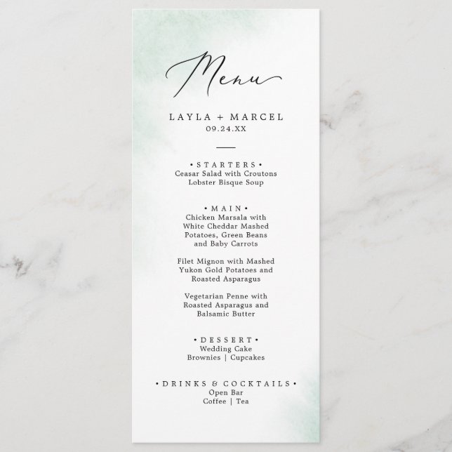 Watercolor Wash | Green Wedding Dinner Menu (Front)