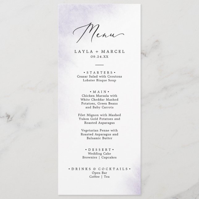 Watercolor Wash | Purple Wedding Dinner Menu (Front)