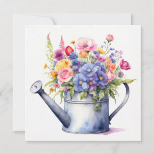 Watercolor Watering Can with Garden Flowers Card