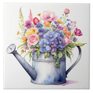 Watercolor Watering Can with Garden Flowers  Ceramic Tile