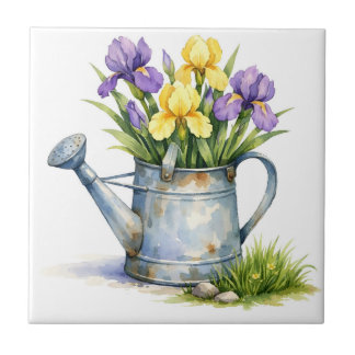 Watercolor Watering Can with Iris Flowers Ceramic Tile