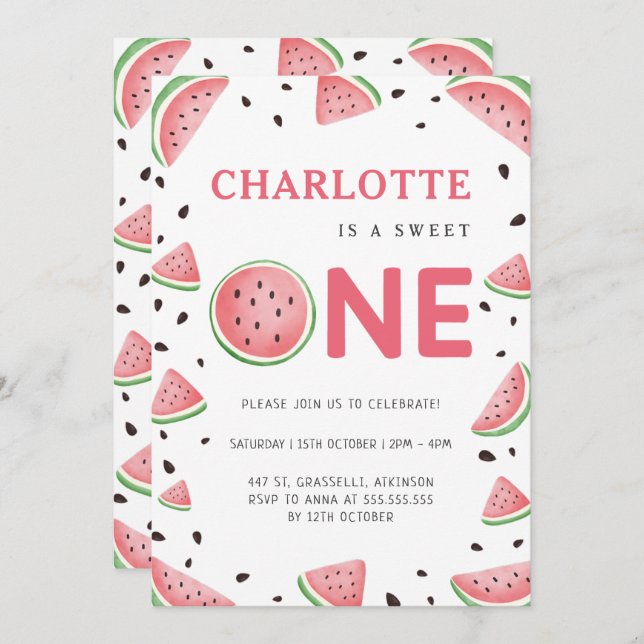 Watercolor Watermelon 1st Summer Birthday Party Invitation (Front/Back)