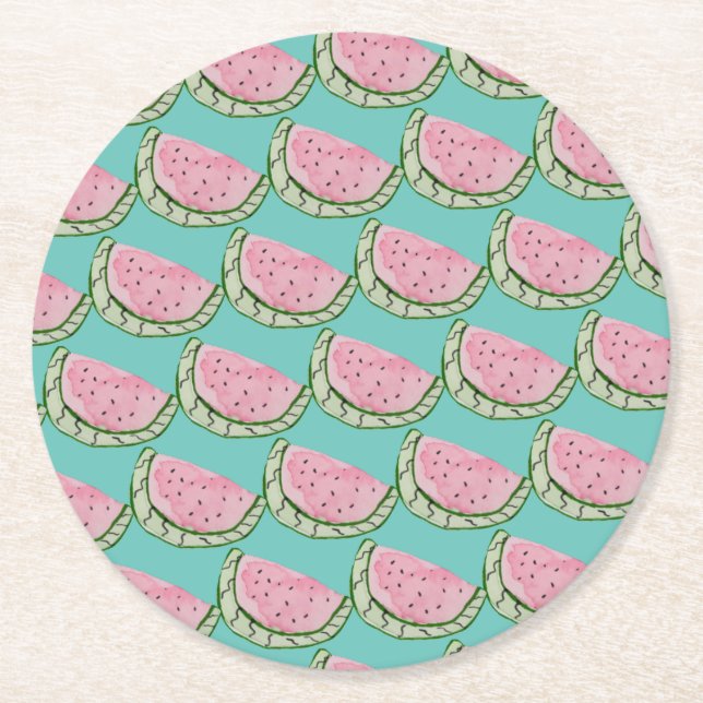 Watercolor Watermelon Doodles Painted Patterned Round Paper Coaster (Front)