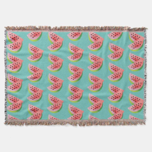 Watercolor Watermelon Pair Summer Pattern Teal Throw Blanket (Front)