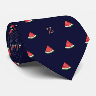 Watercolor Watermelon Slice Monogram Initial Blue Tie