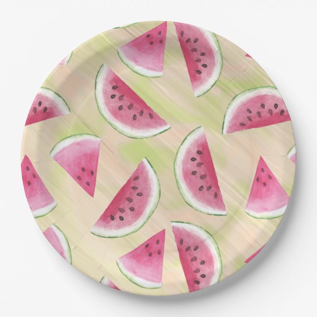 Watercolor Watermelon Slices Paint Brush Strokes Paper Plate (Front)