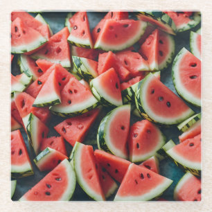 Watercolor Watermelon Slices Pattern Green Red Glass Coaster