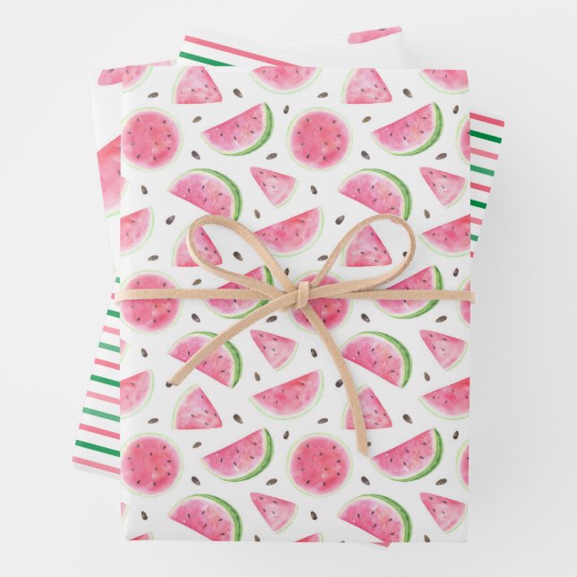 Watercolor Watermelon & Stripes Pattern   Wrapping Paper Sheet (In situ)
